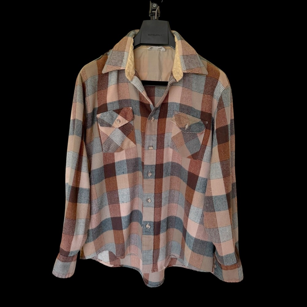 Vintage 70's Ferrante Plaid Button Down Shirt XL Brown Acrylic Flannel